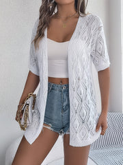 White open-knit diamond pattern short sleeve cardigan with a relaxed fit.