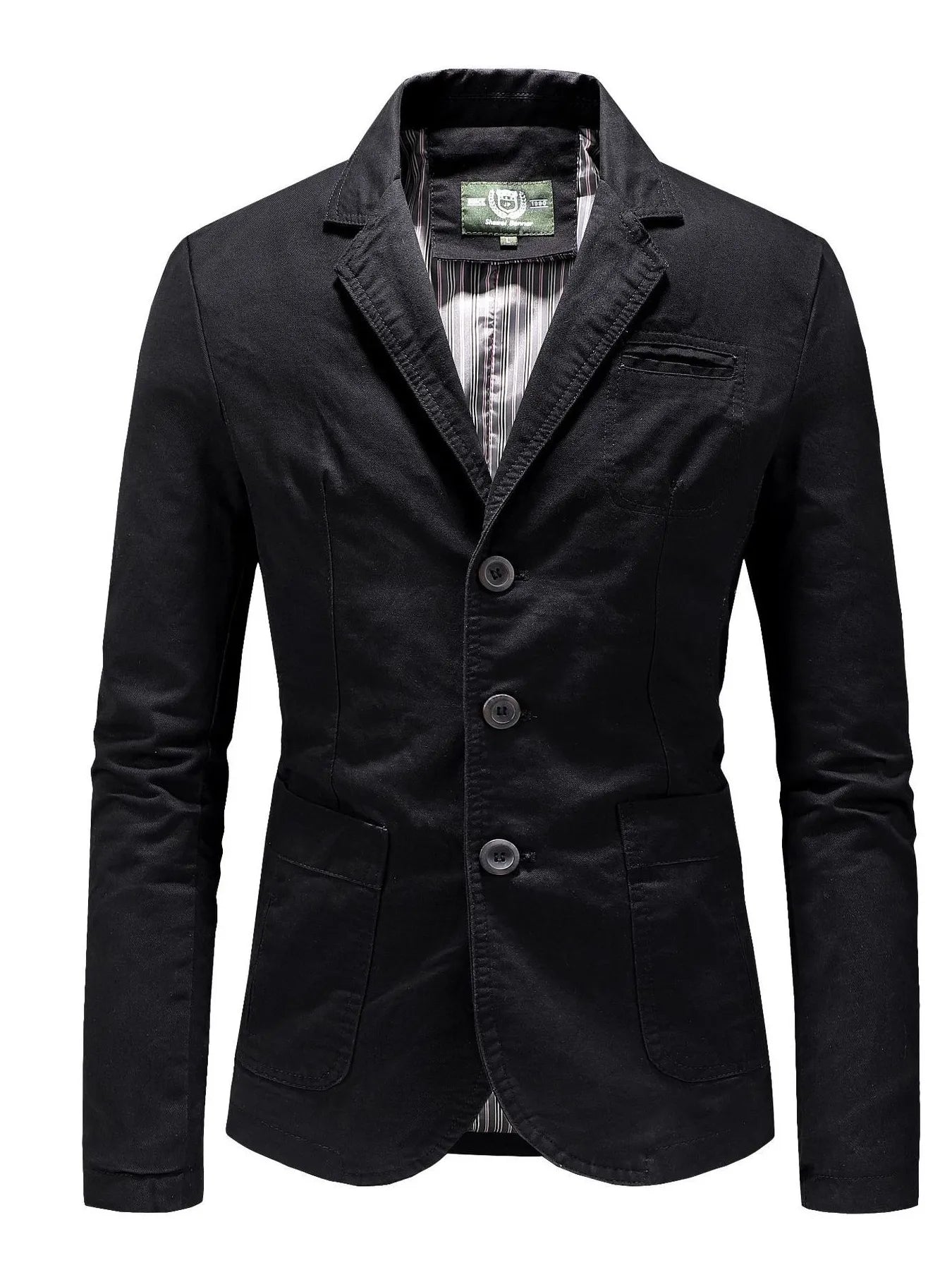 Black casual button-up cotton blazer with three buttons and flap pockets.