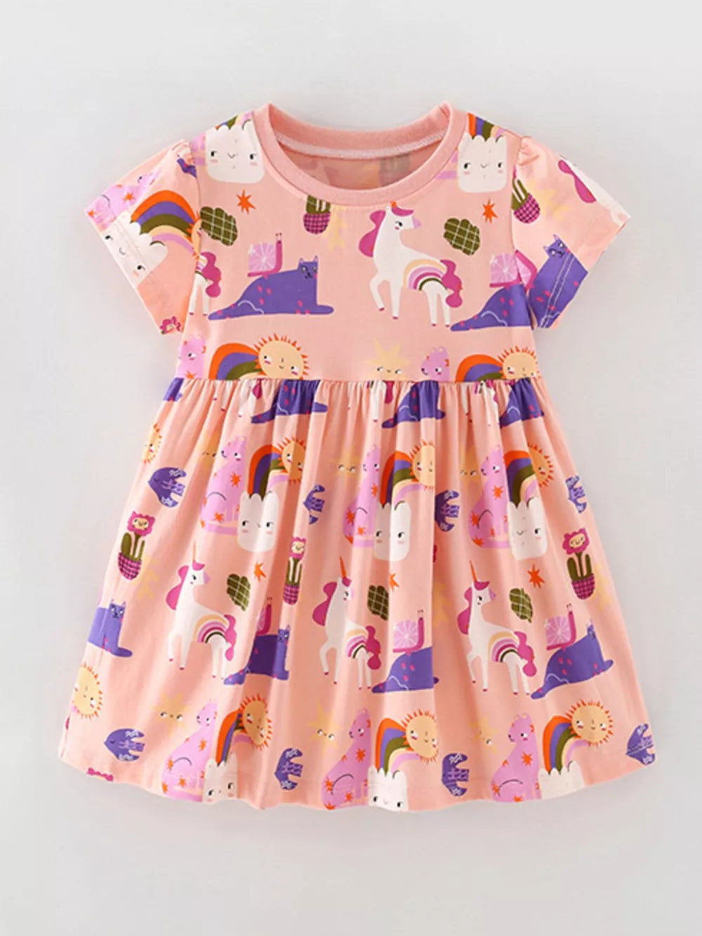 Toddler pink cotton dress with short sleeves and a whimsical unicorn, cat, and sun print.