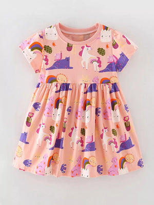 Toddler pink cotton dress with short sleeves and a whimsical unicorn, cat, and sun print.