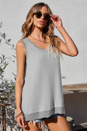 Gray waffle knit tank top with asymmetric hem and V-neck