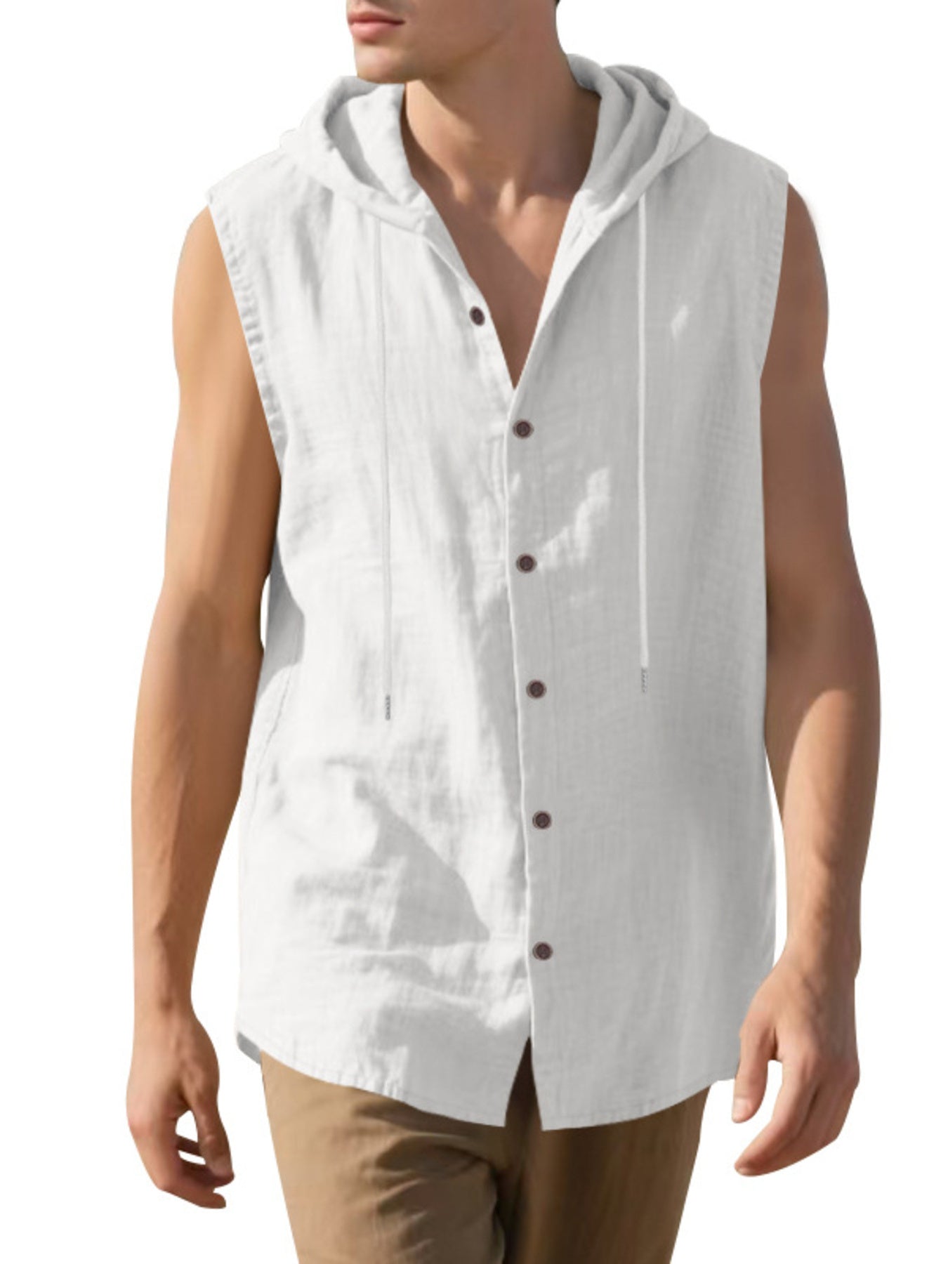 White sleeveless hooded button-up shirt with drawstring detail
