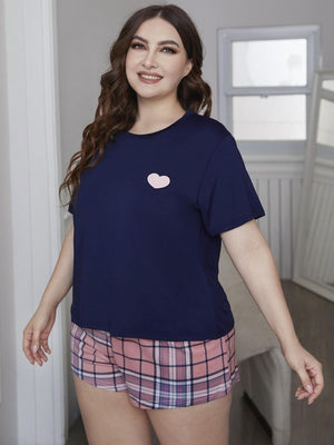 Navy tee with pink heart appliqué and pink plaid shorts loungewear set