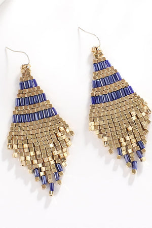 Geometric beaded fringe earrings in dark blue and gold with dangling strands.