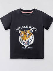 Navy blue cotton crew neck t-shirt with a roaring tiger graphic and "Jungle King Wild & Free" text.