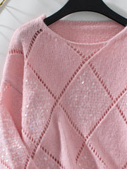 Dusty Pink diamond knit sweater with sequin detail and open knit accents.