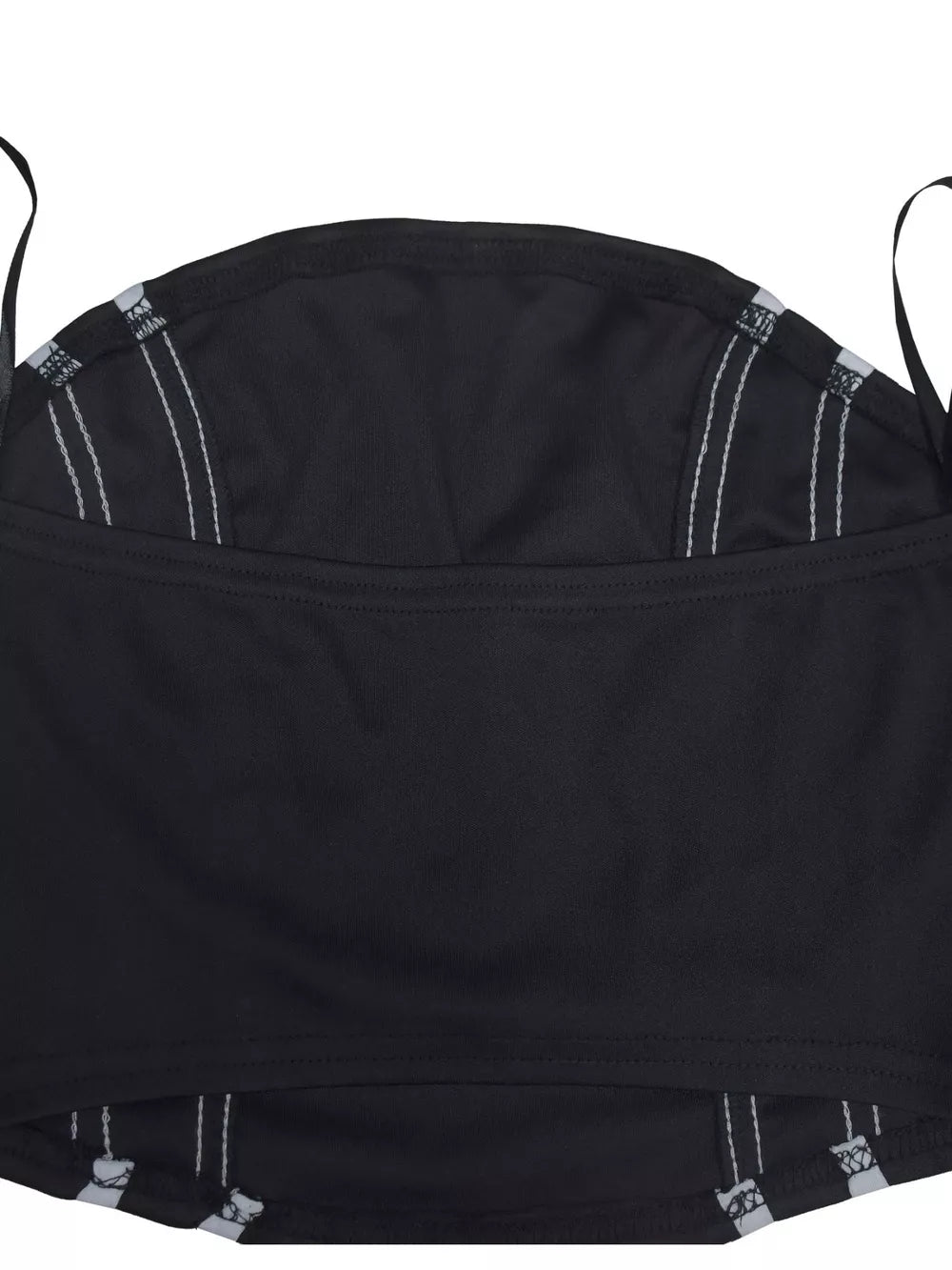 Black tube top with white stitching detail and abstract print hem