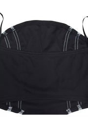 Black tube top with white stitching detail and abstract print hem