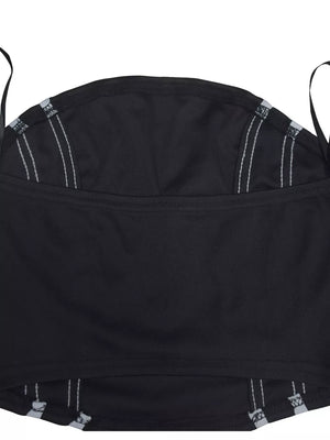 Black tube top with white stitching detail and abstract print hem