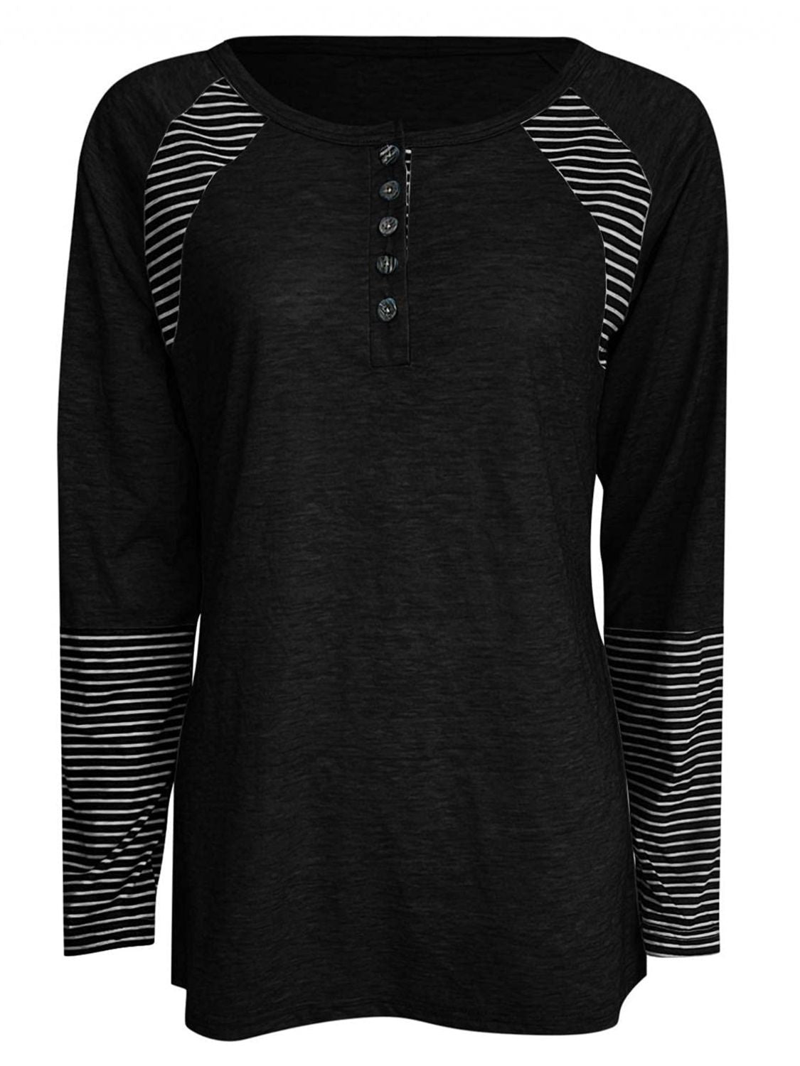 Black raglan stripe henley tee with button placket and striped cuffs.