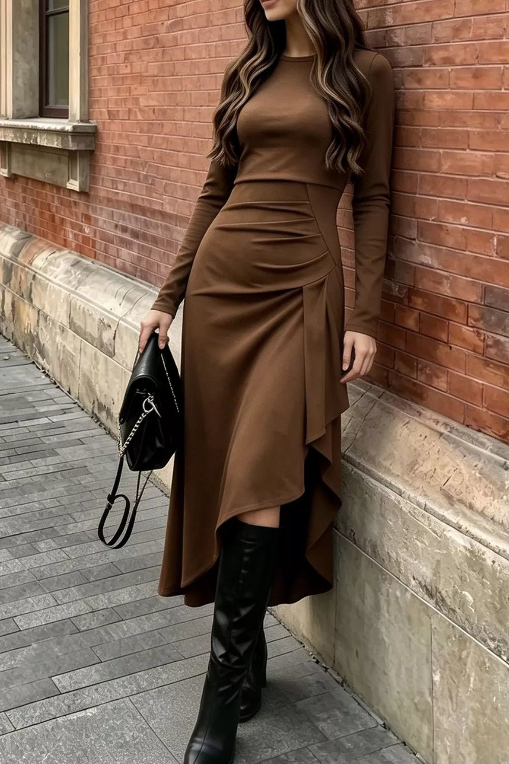 Ruched Asymmetrical Hem Long Sleeve Dress in Brown, back view