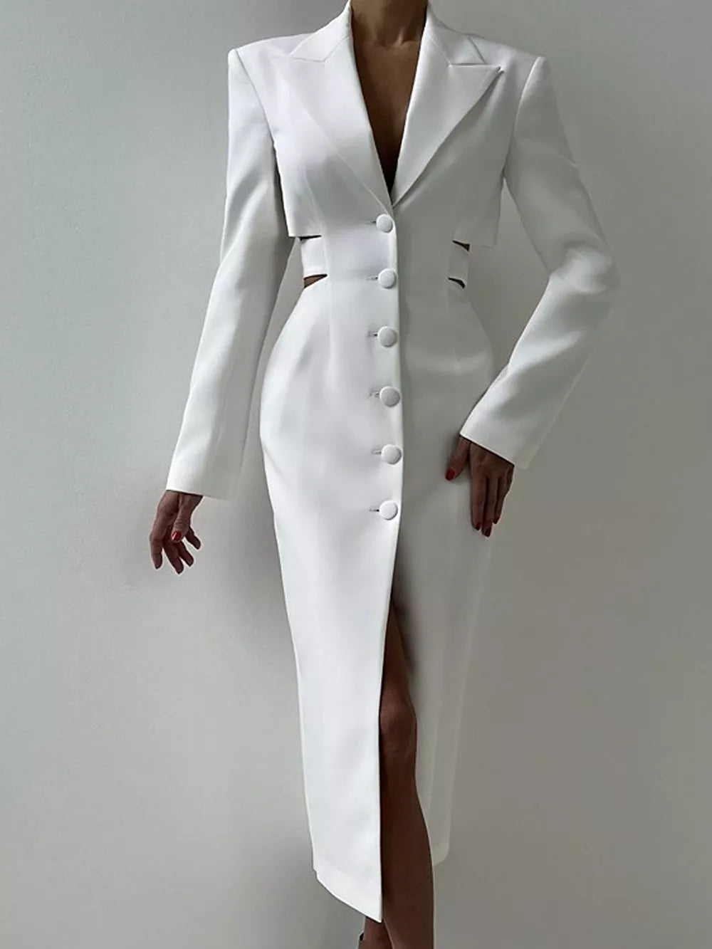 Button-down Blazer Dress With Cut-out Waist in White, front view