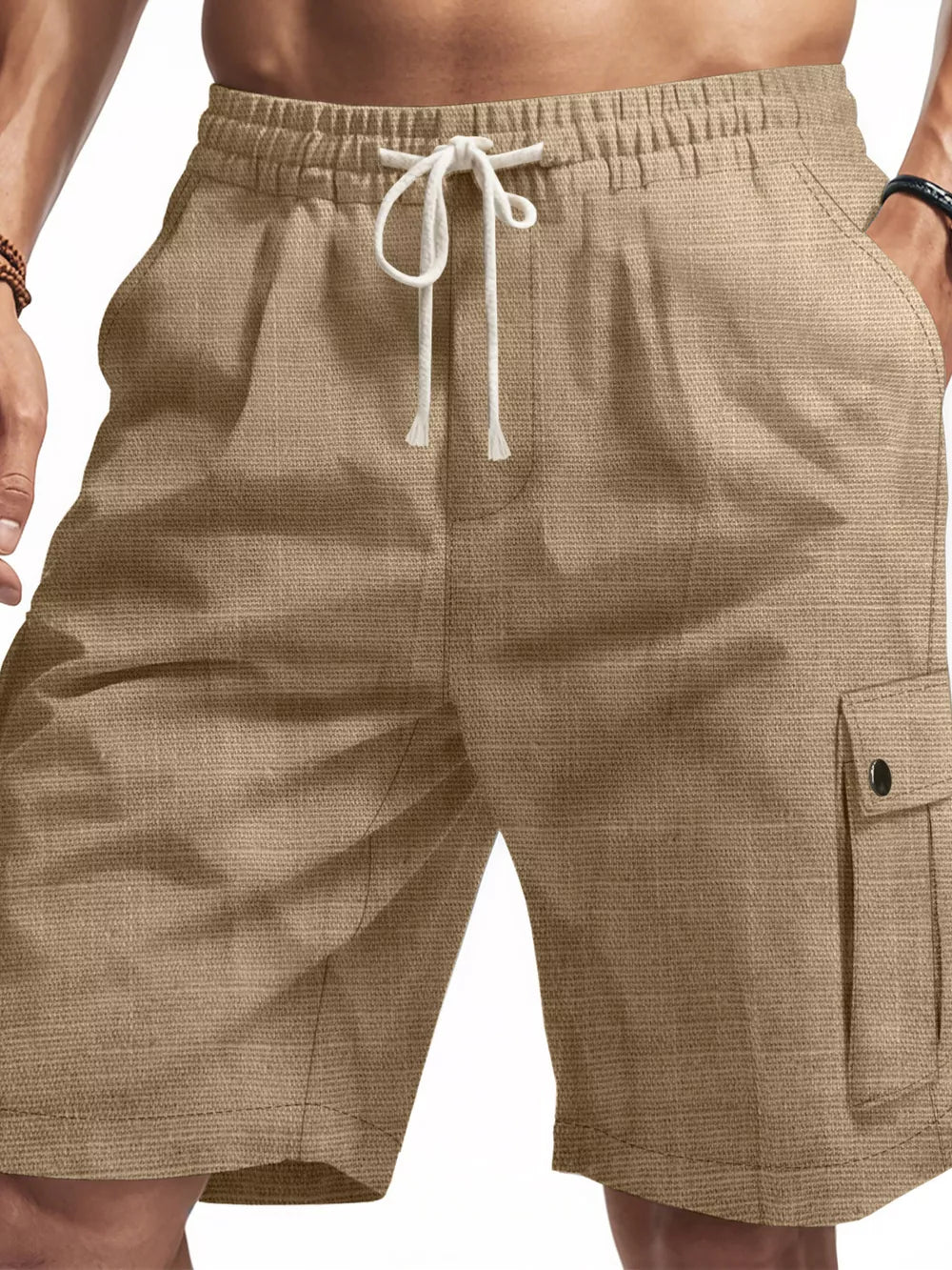 Men's khaki cargo shorts with drawstring waist and buttoned cargo pocket.