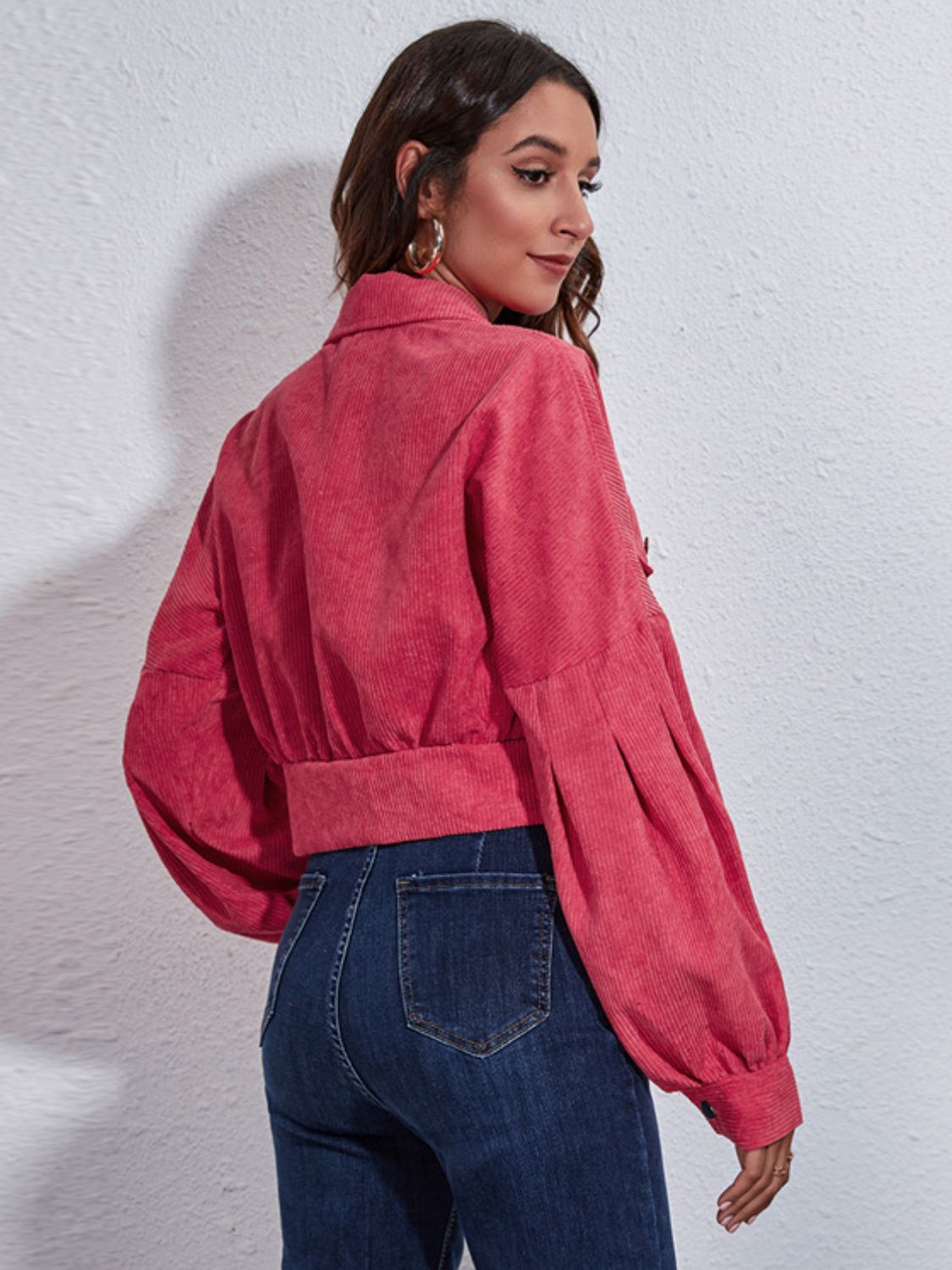 Corduroy balloon sleeve cropped jacket in Deep Rose with button details.