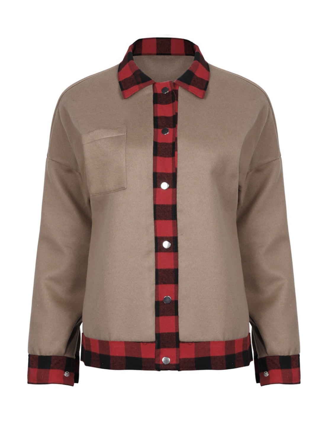 Taupe casual jacket with red plaid trim on collar, placket, and cuffs.