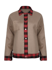 Taupe casual jacket with red plaid trim on collar, placket, and cuffs.