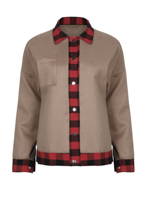 Taupe casual jacket with red plaid trim on collar, placket, and cuffs.
