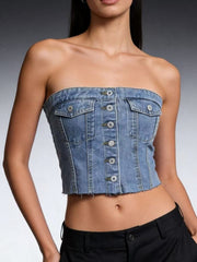 Cropped denim strapless top with button detailing and chest pockets