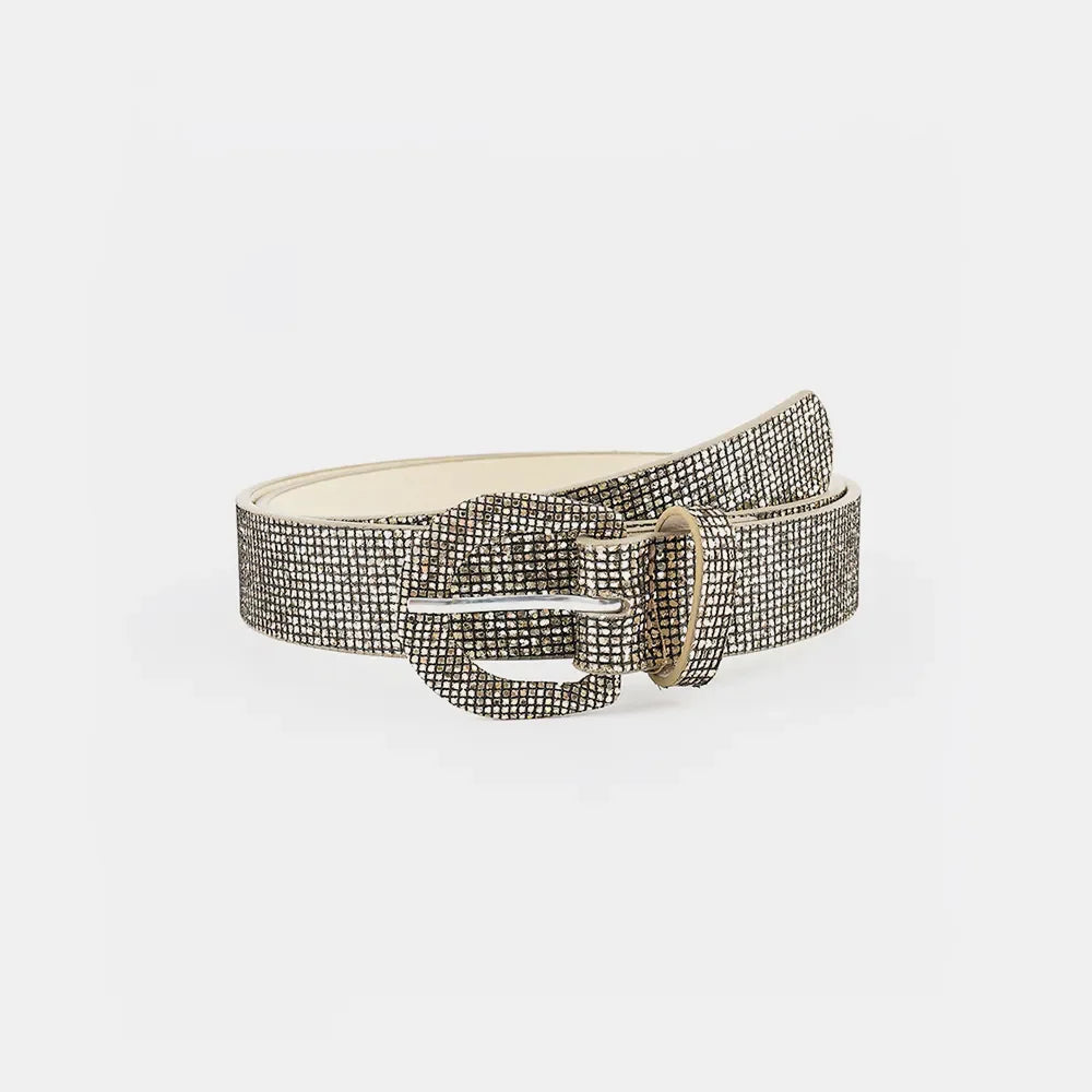 Silver glitter micro-studded belt with a silver buckle