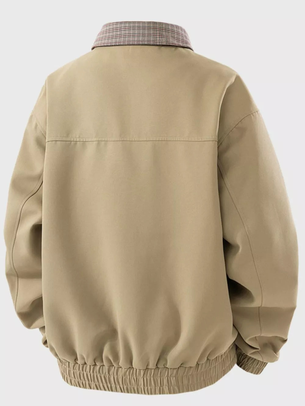 Khaki zip-up jacket for him with plaid collar and elasticated hem.