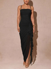 Ruched Ruffled Asymmetrical Maxi Dress