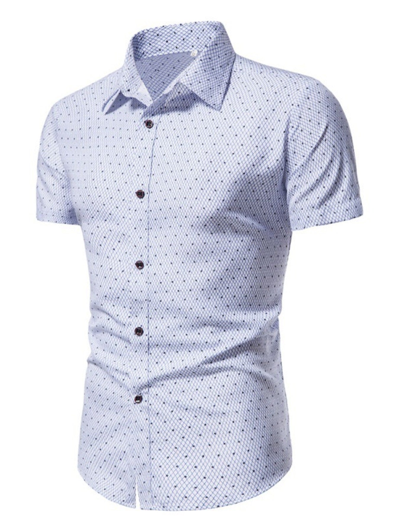 Men's white slim fit short sleeve shirt with a subtle dot and grid pattern.
