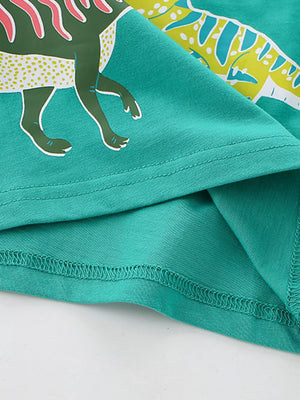 Green cotton t-shirt with dinosaur print and crew neck.