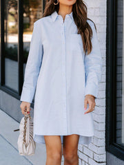 Oversized Misty Blue cotton shirt dress with curved hem and button front.