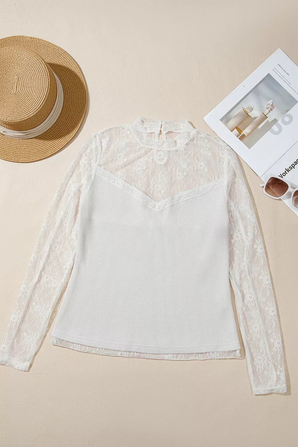 Lace Mesh Long Sleeve Top in White, back view