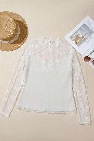 Lace Mesh Long Sleeve Top in White, back view