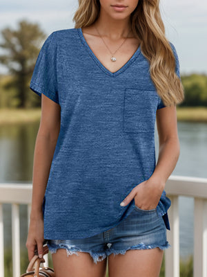 Dusty Blue V-neck tee with short sleeves, chest pocket, and slit hem.