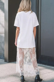 White cotton t-shirt dress with lace midi skirt detail