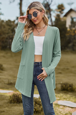 Sage textured open-front cardigan with pockets and long sleeves.
