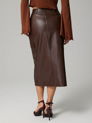 Dark brown faux leather midi skirt with cargo pocket detail