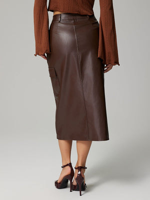 Dark brown faux leather midi skirt with cargo pocket detail
