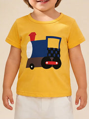 Yellow cotton t-shirt with a playful blue and brown train graphic for toddlers.