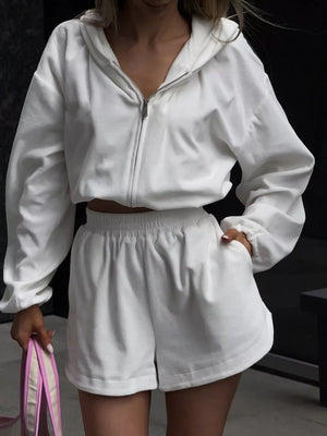 Long Sleeve Zip-up Hoodie And Shorts Set, front view