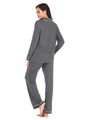 Charcoal pajama set with piped trim and pockets