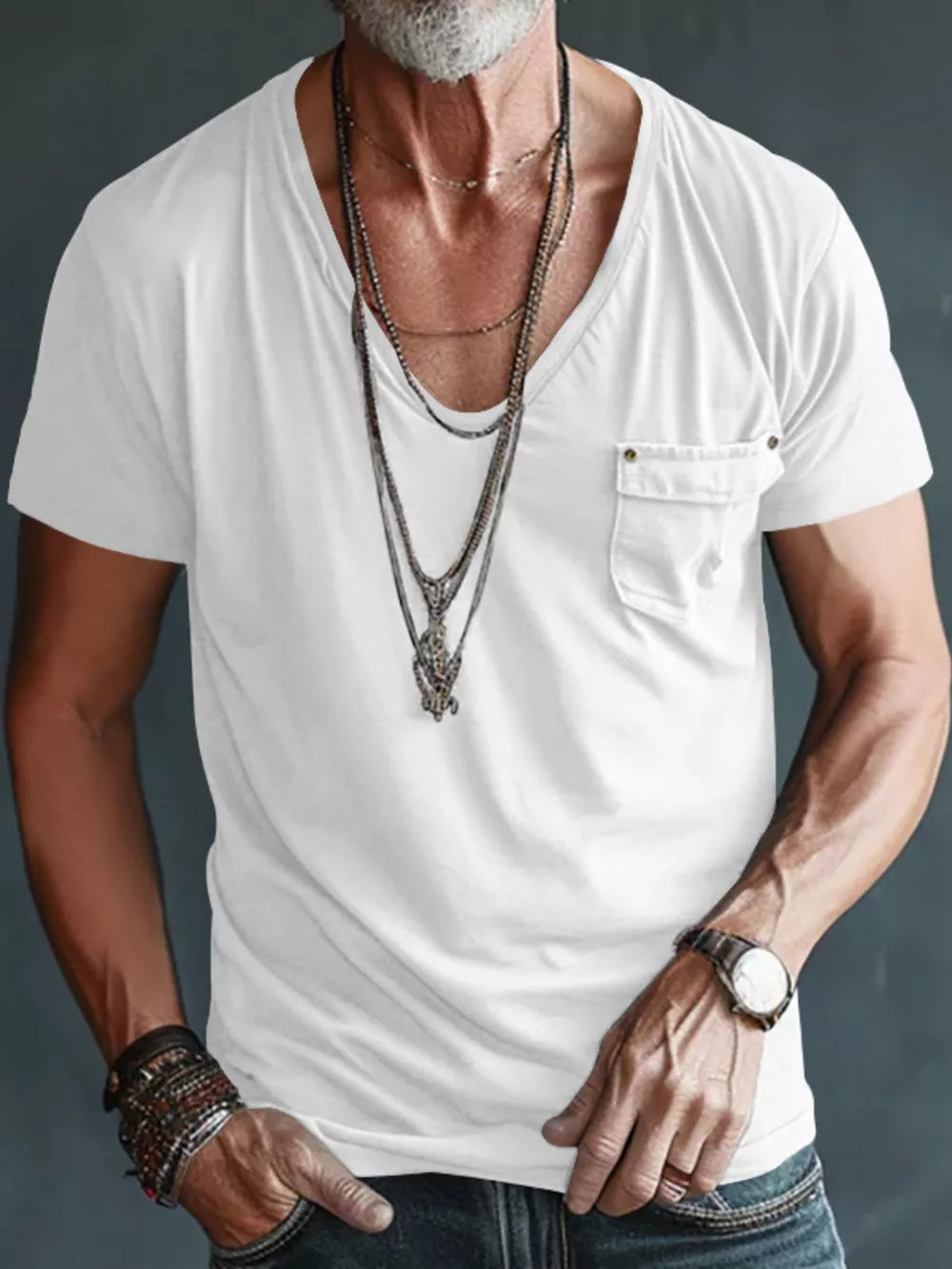 Men's Full Size V-neck Pocket T-shirt in Black, side view