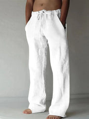 White linen blend wide-leg drawstring trousers with pockets