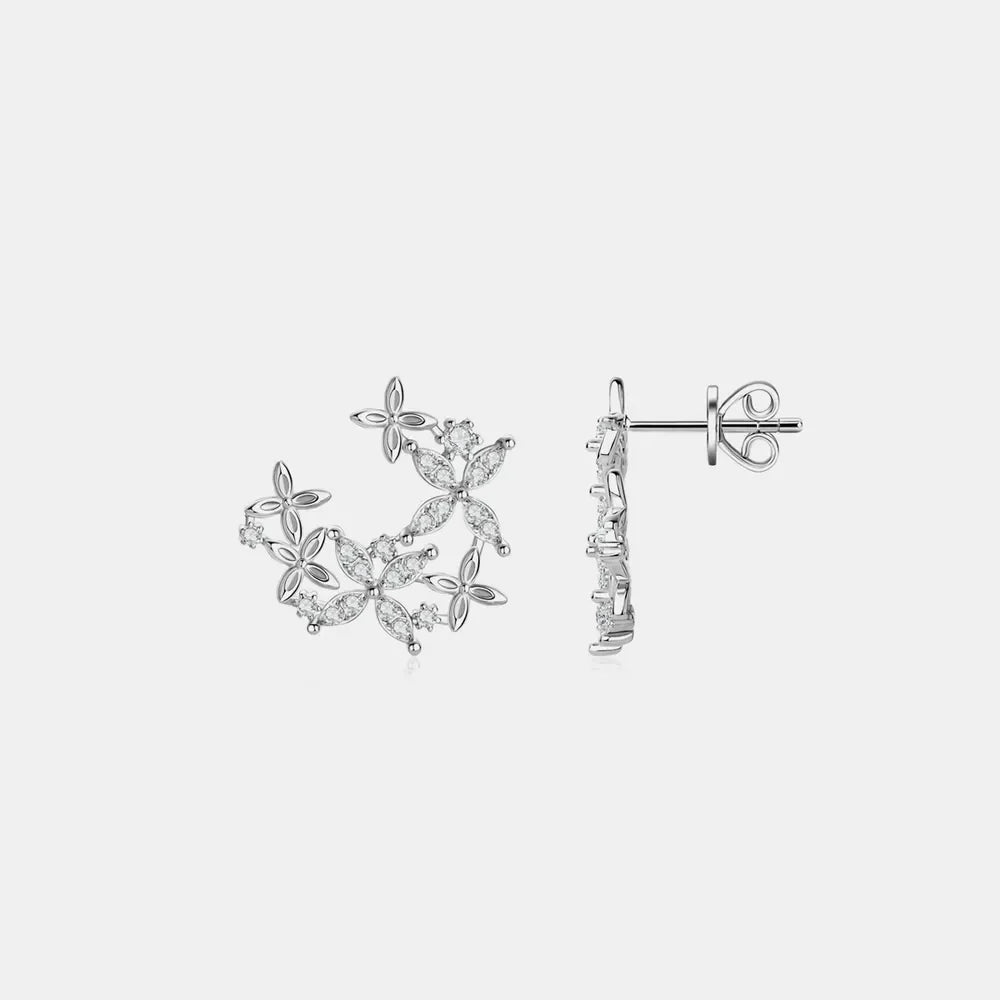 Silver floral cluster stud earrings with sparkling stones