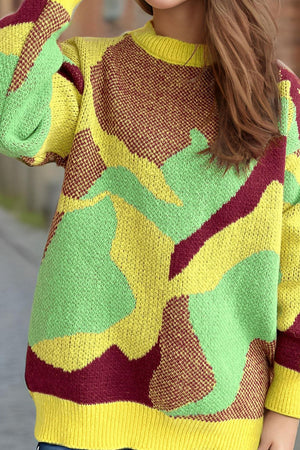 Geometric knit crewneck sweater in yellow, green, and maroon colorblock pattern.