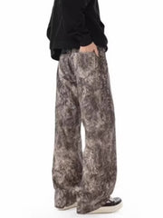 Men's wide leg jeans in abstract print, cotton fabric, chocolate color.