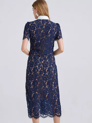 Navy lace midi dress with white collar, short sleeves, and lace trim hem.