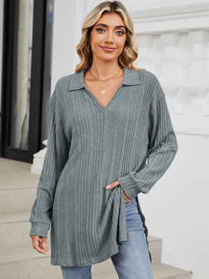 Light Gray ribbed knit collared tunic with slit hem and v-neck.