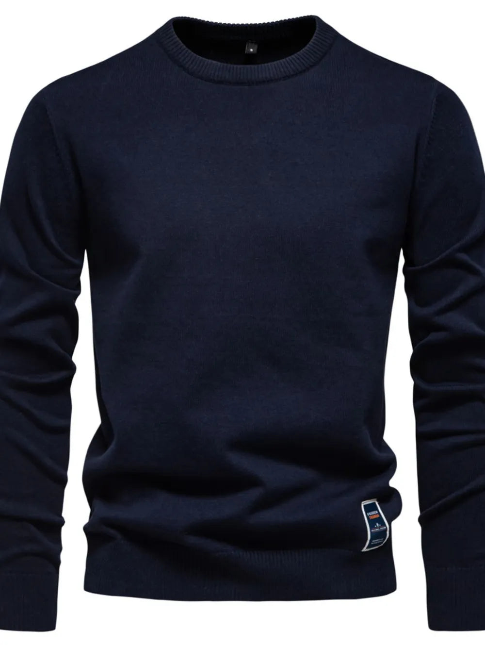 Dark Navy crew neck knit sweater with a small logo tag detail on the hem.