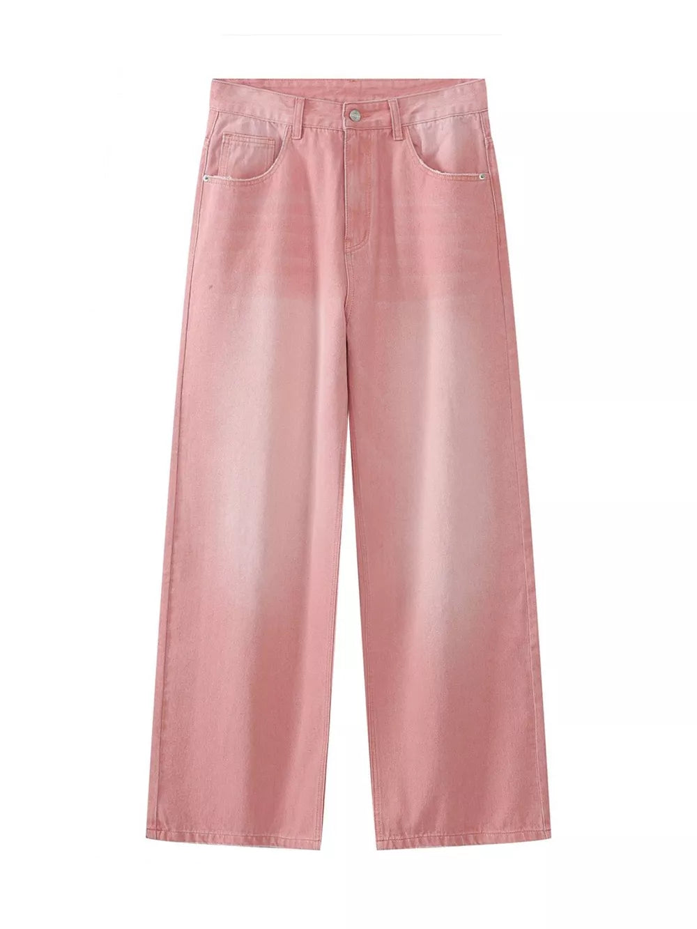 Gradient wash wide-leg men's jeans in dusty pink cotton with a relaxed fit.