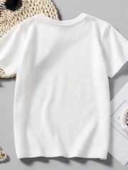 White cotton crew neck short sleeve toddler t-shirt with excavator graphic detail.