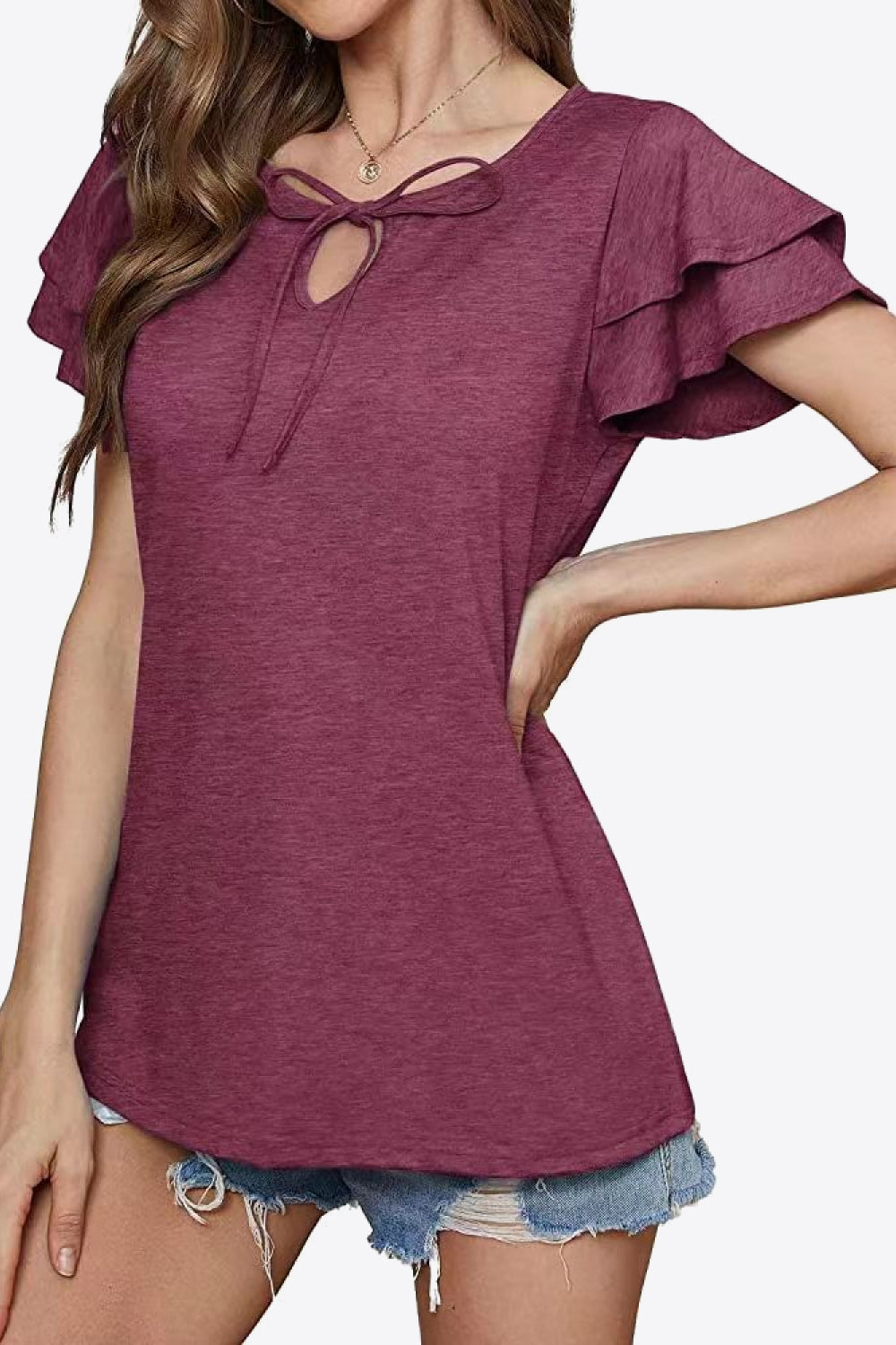 Tiered sleeve keyhole blouse in dusty purple with tie neck detail