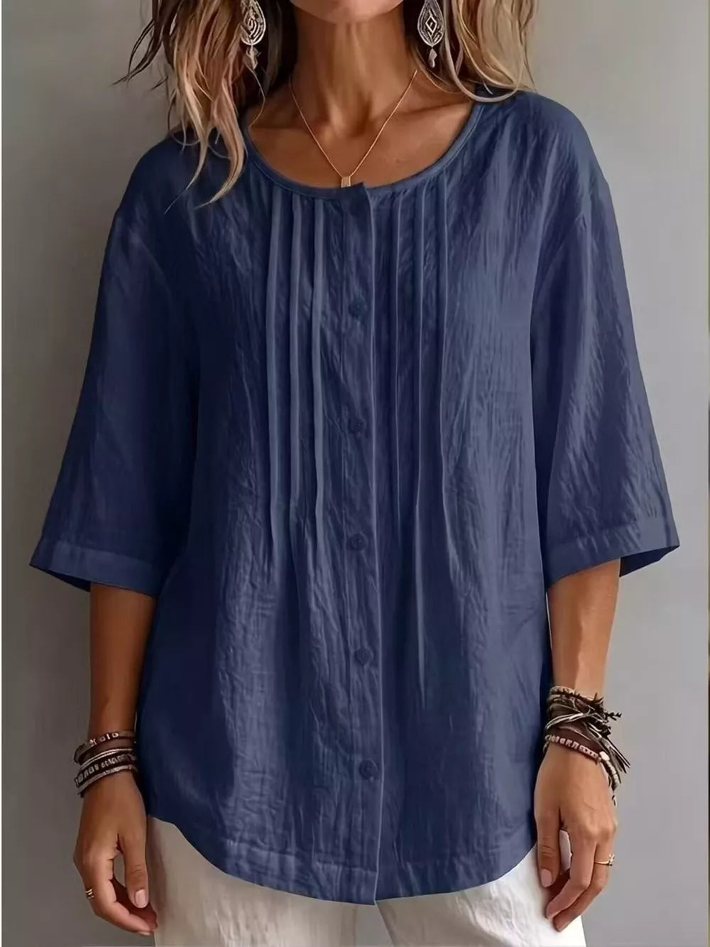 Full Size Texture Round Neck 3/4 Sleeve Blouse, alternate angle